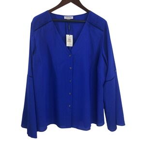 Calvin Klein Women 2X Blue ButtonUp Blouse Cutout Designs Bell Sleeves New Tags